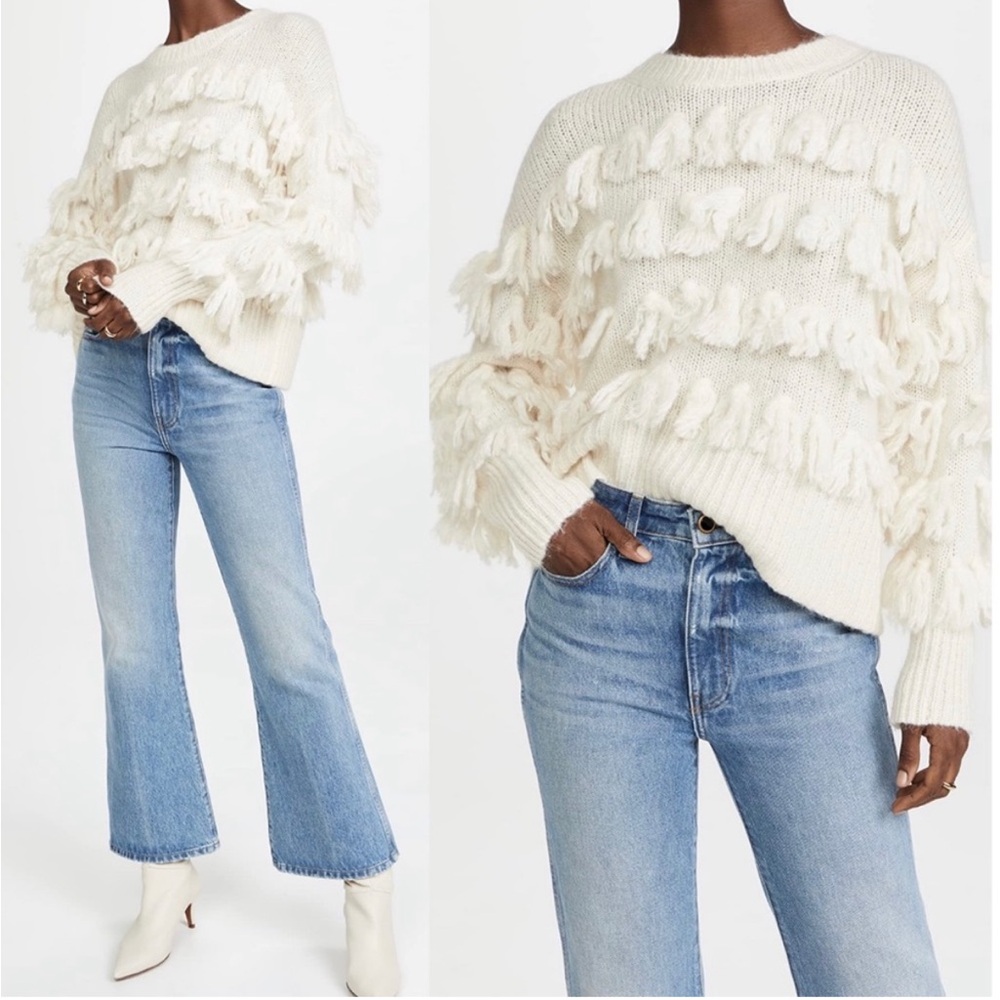 Cinq a Sept Aurelia Fringe Wool Blend Sweater in Ivory